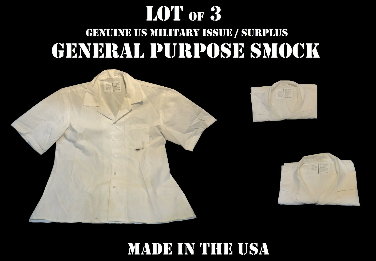 LOT of 3 WHITE L MEDICAL ASSISTANT COOK FOOD HANDLER SMOCK PAINTING COVER SHIRT