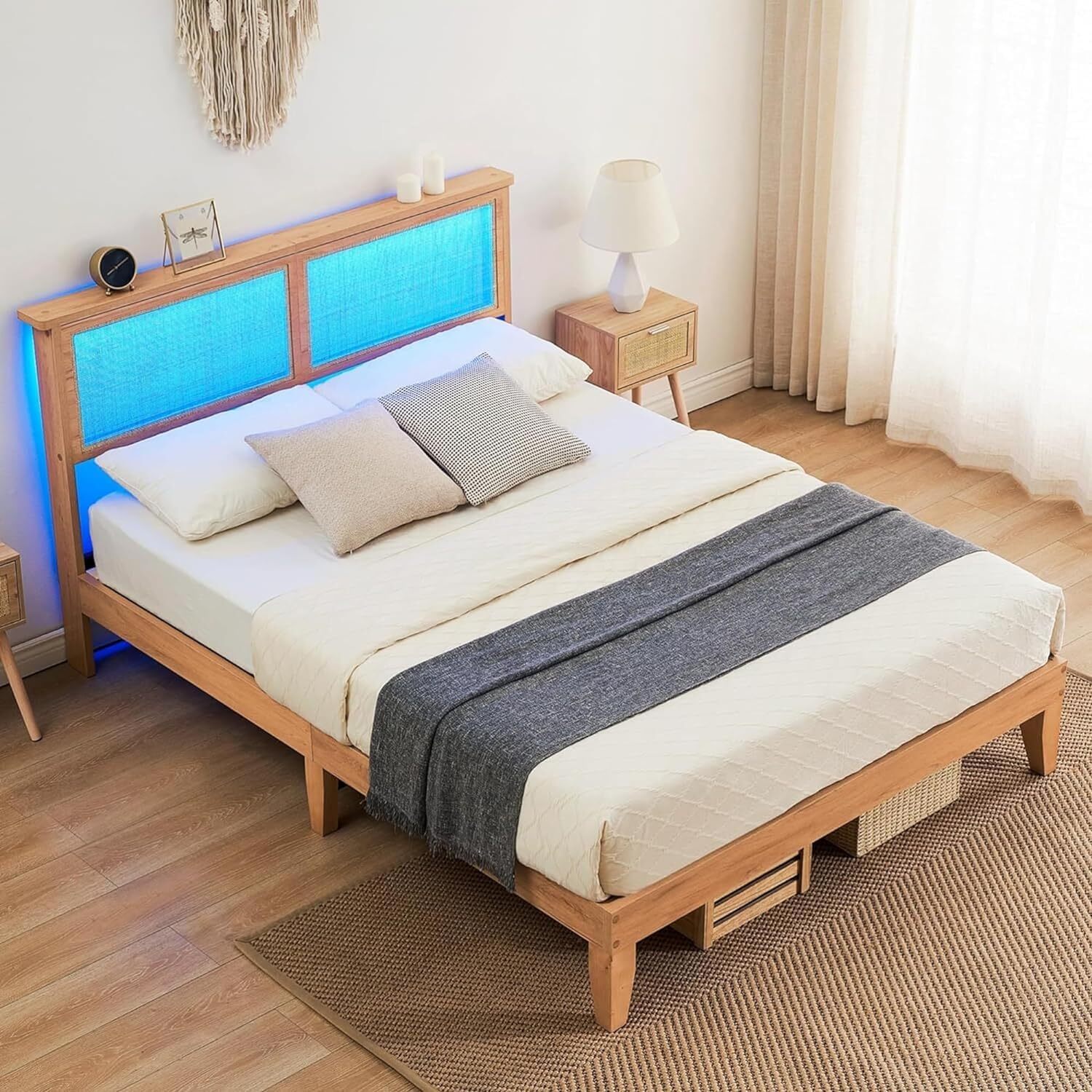 🔥Rattan Queen Platform Bed Frame with Rattan Headboard and Led Light Slat Suppo