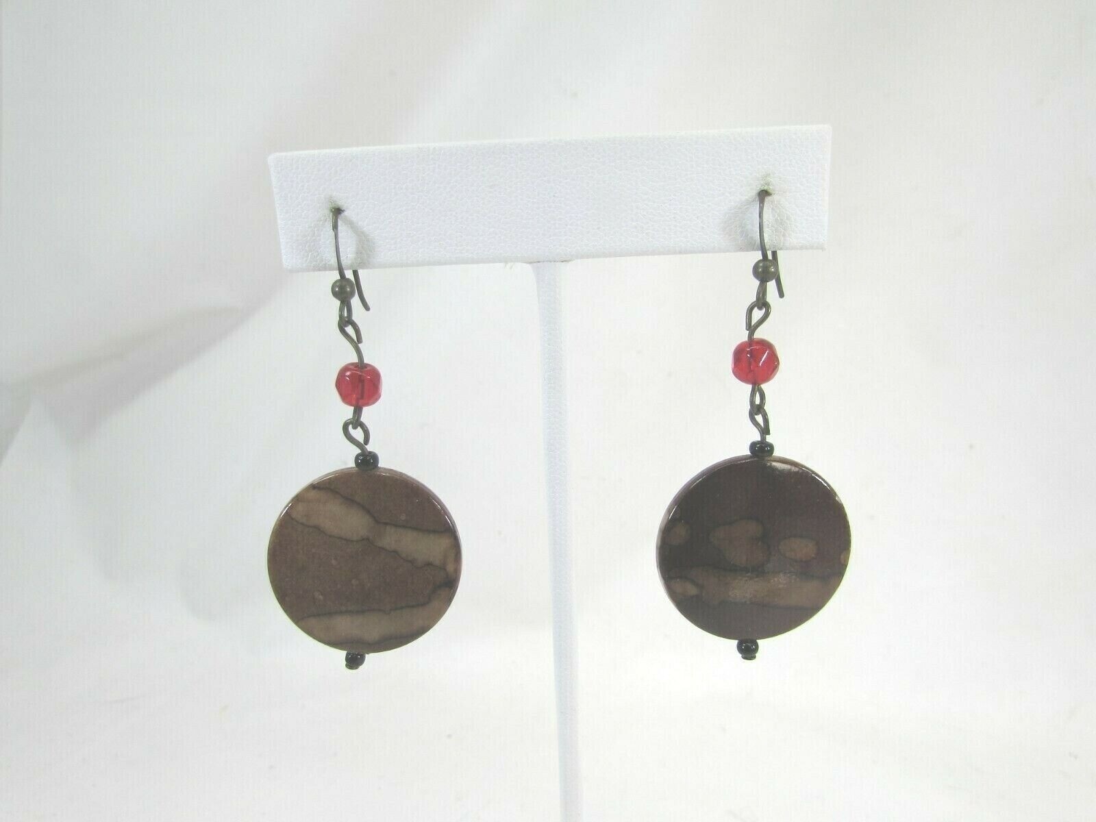 Vintage Brown Red Beaded Drop Dangle Earrings Pierced Hook 50020
