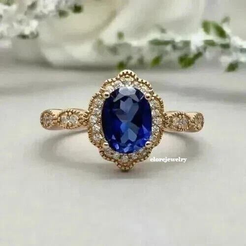 3.50 Ct Oval Cut Natural Blue Sapphire & Diamond Wedding Ring 14K Yellow Gold