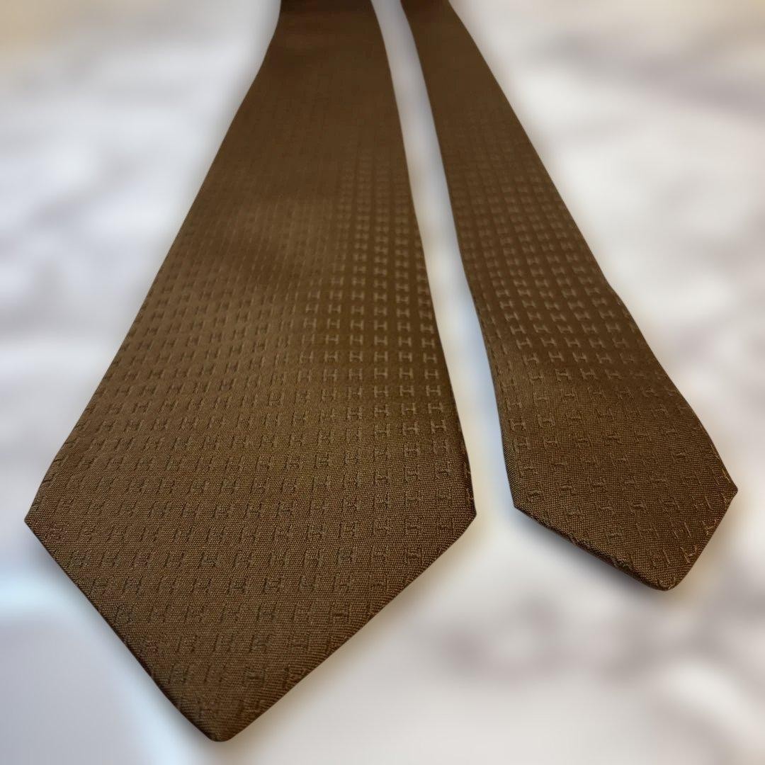 HERMES tie fasone brown H pattern embroidery all over