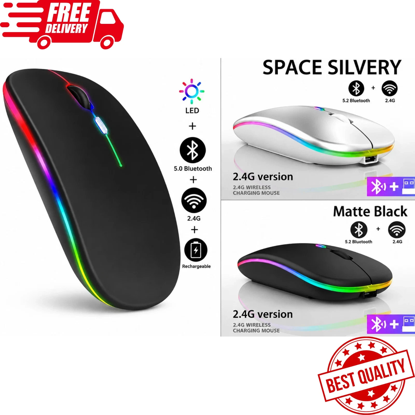2.4GHz Wireless Optical Mouse USB Rechargeable RGB Cordless Mice For PC Laptop