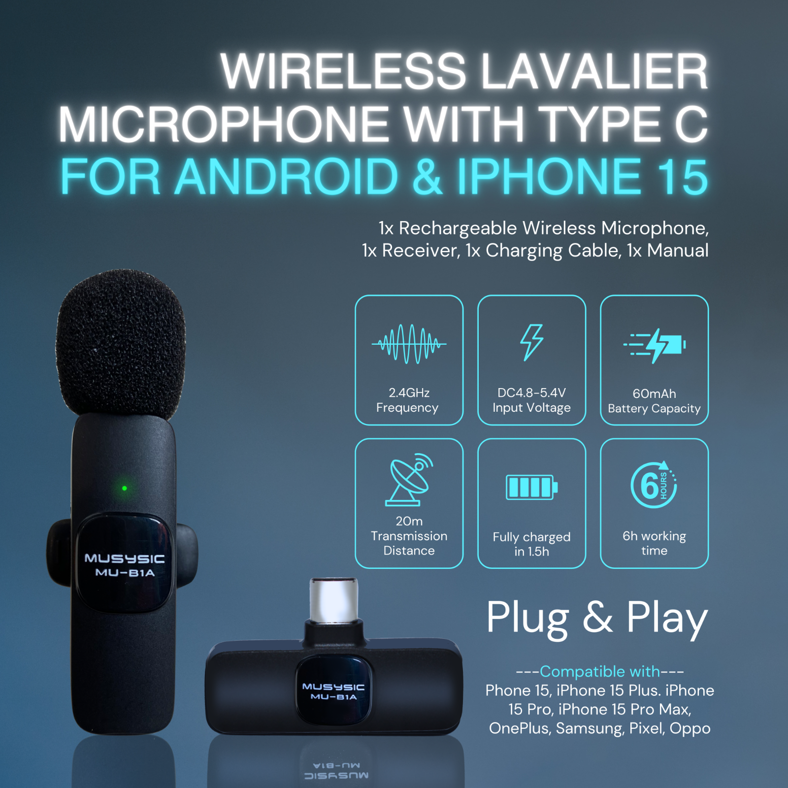 Wireless Lavalier Microphone with Type-C for Android & iPhone 15