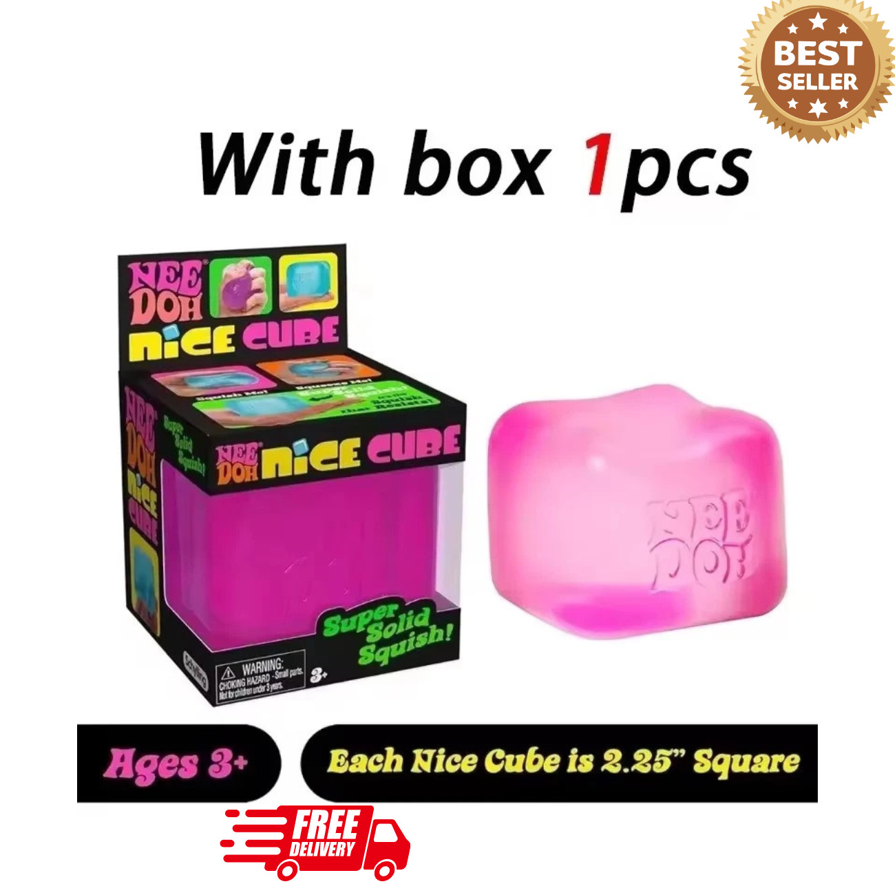 NeeDoh Nice Cube Soft Squishy Sensory Fidget Stress Relief Toy Pink with box