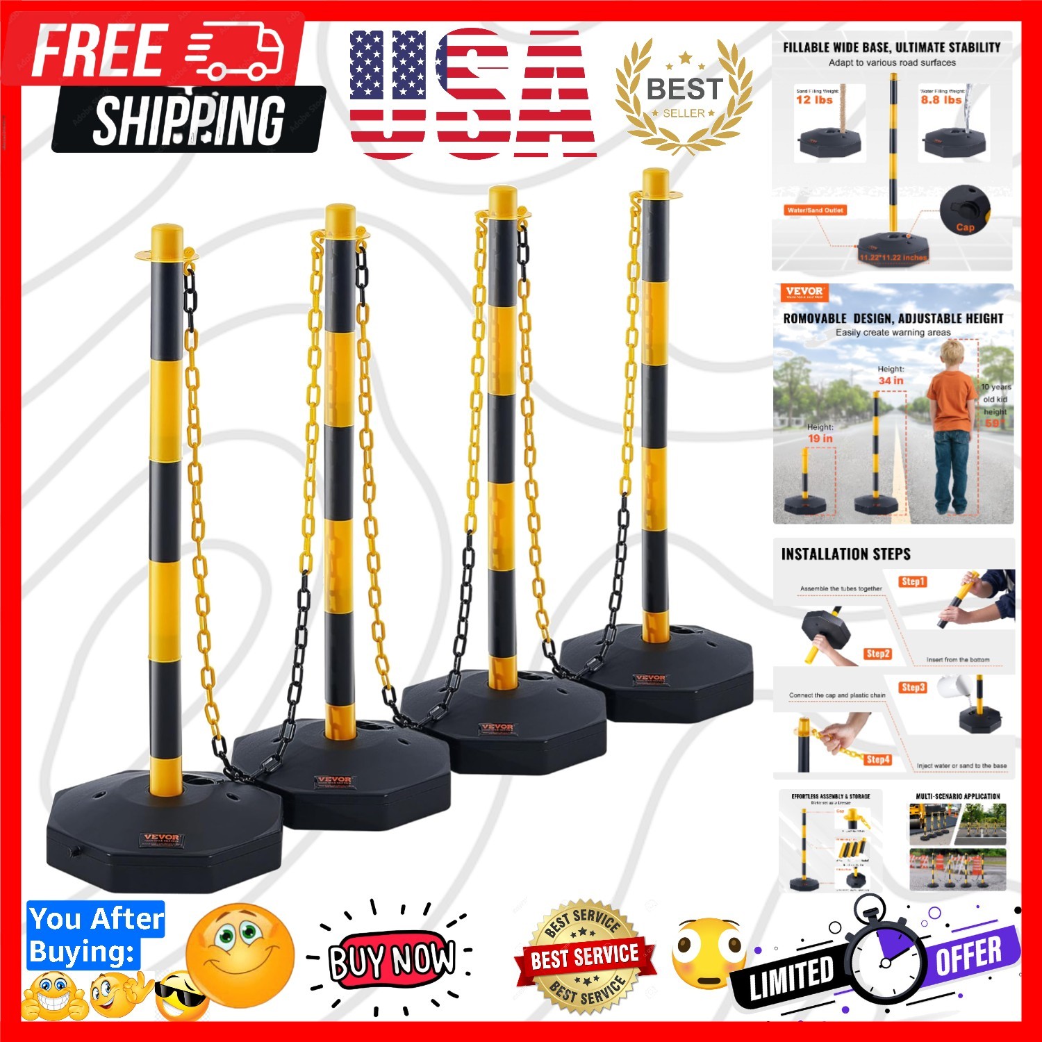 Adjustable Traffic Delineator Post Cones, 4 Pack, Traffic Safety Delineator B...