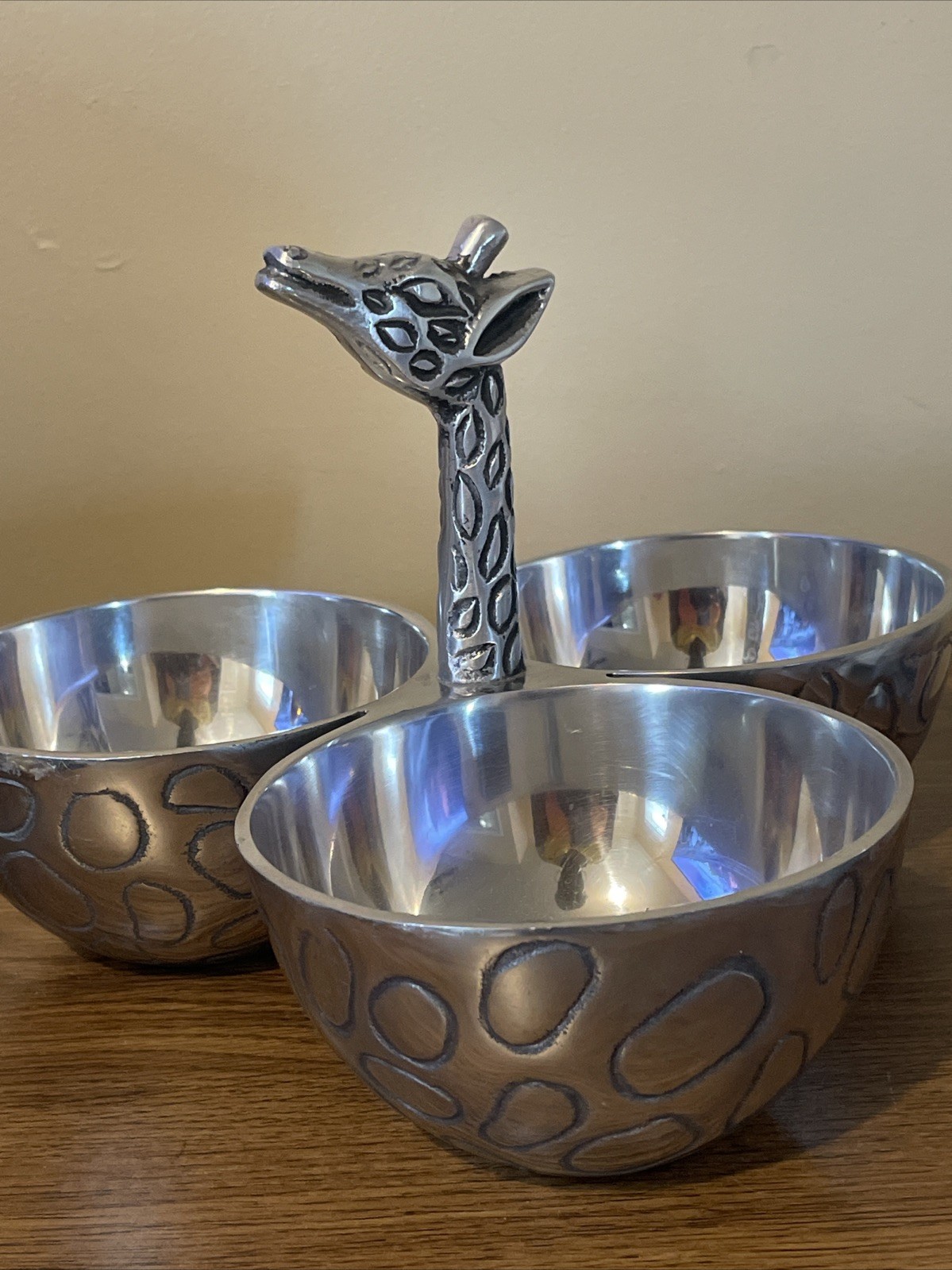 Silver Metal Giraffe Divided Dish Three Bowl Condiment Server