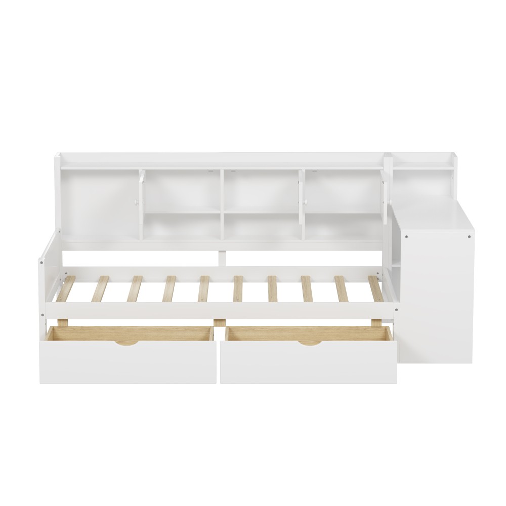 White L-Shape Daybed w/ Storage Cabinets & Desk, Twin Size