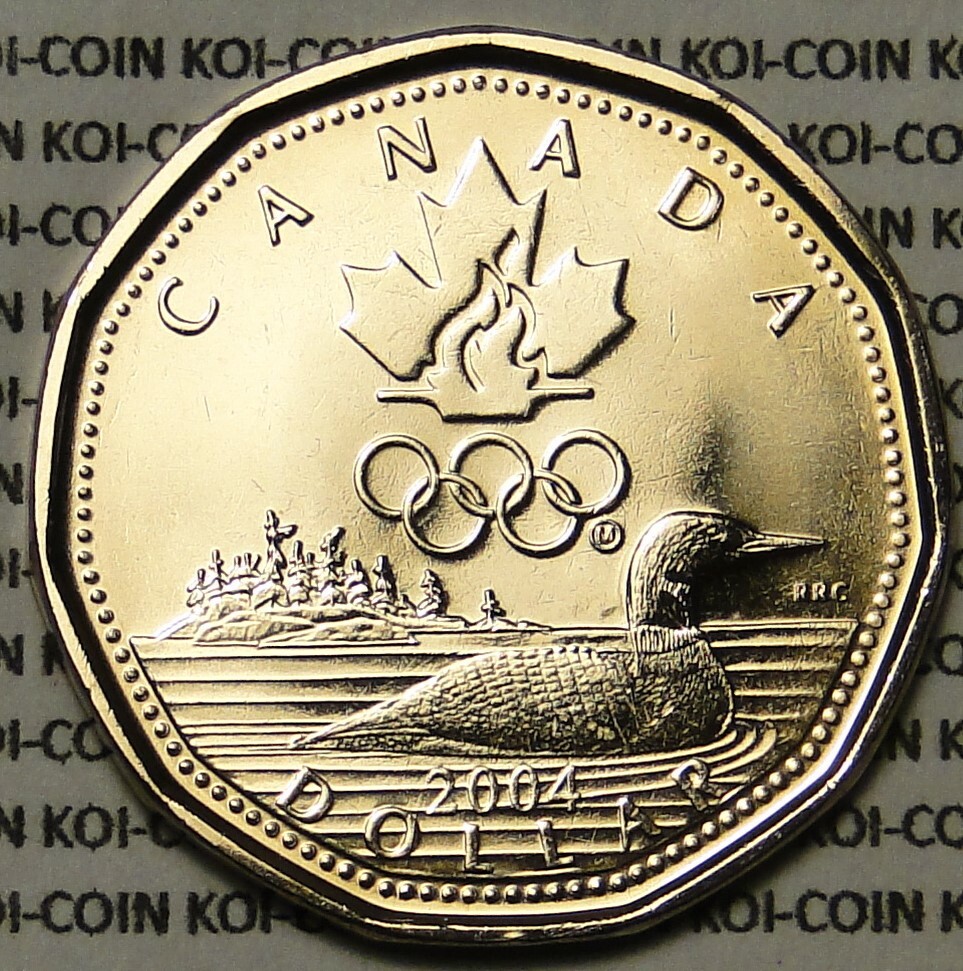 BU UNC Canada 2004 Lucky Loonie for Olympics $1 dollar coin Olympics flame logo