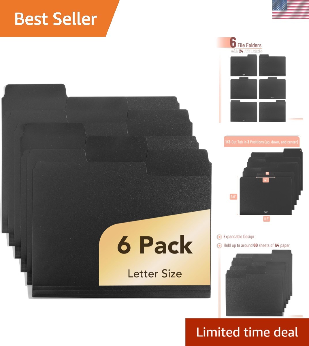 Expandable Black File Folders 6-Pack | Easy Labeling & Document Protection