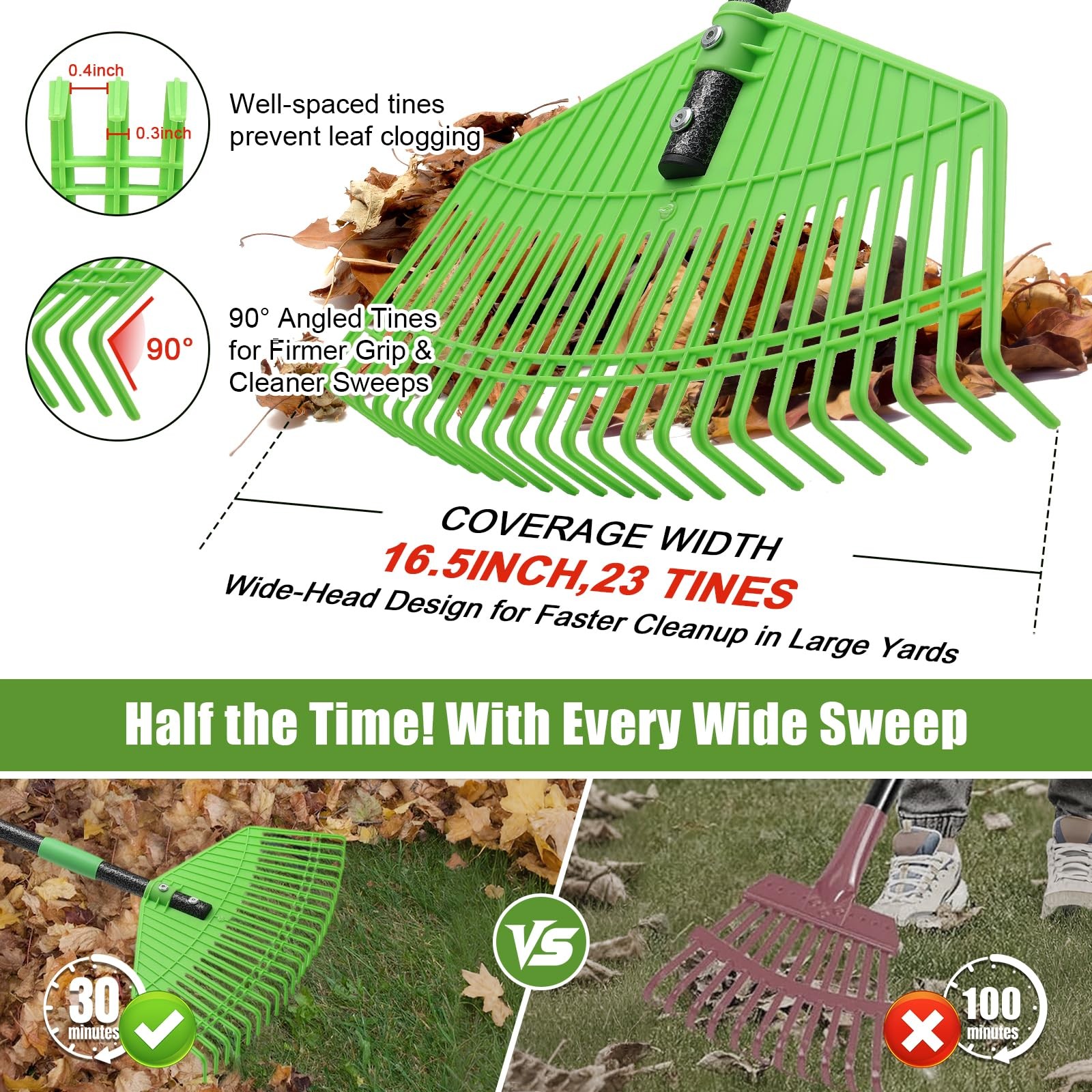 Plastic Leaf Rake - Upgraded Anti-Break Nylon Head,65" Adjustable Outdoor Yar...