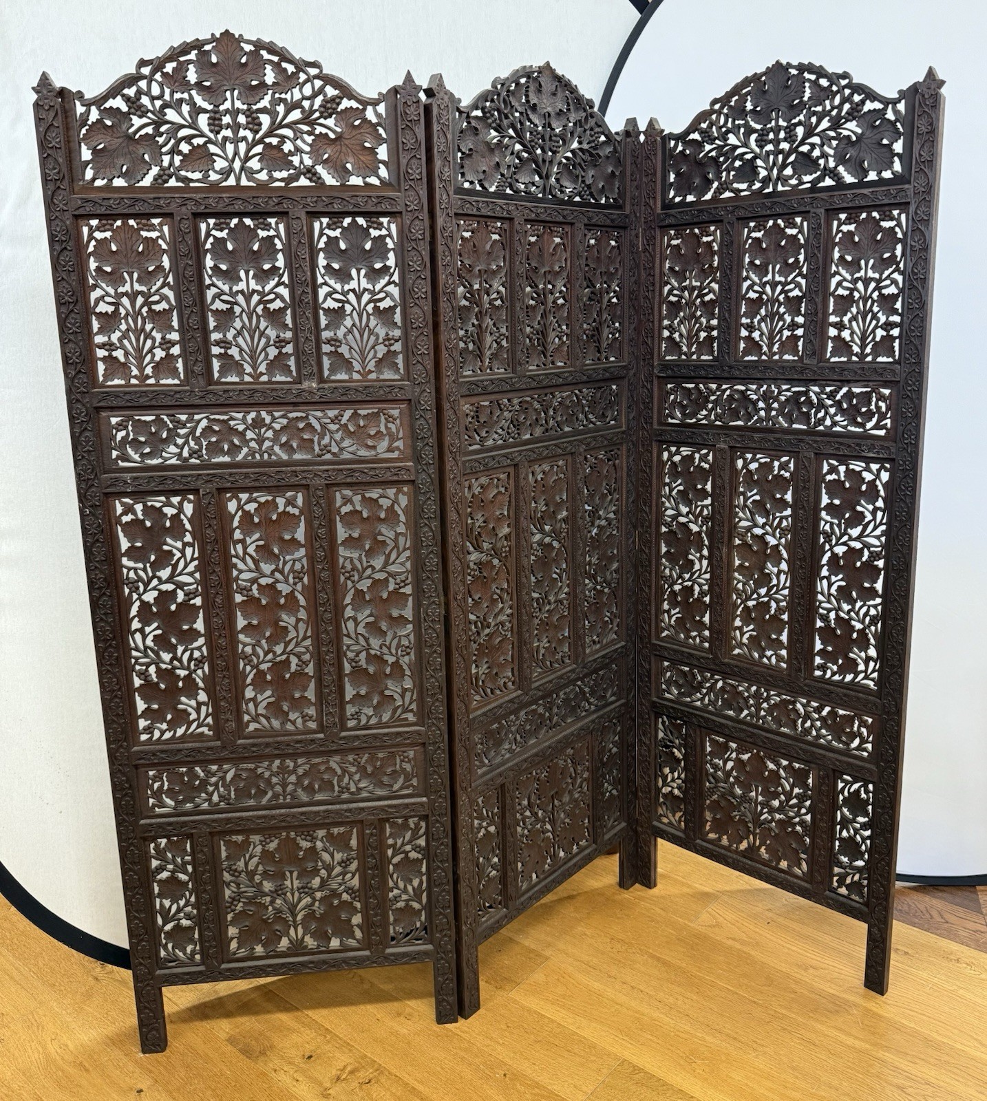 Vintage Hand Carved Three Panel Pierced Teak Divider Screen 62" Expandable