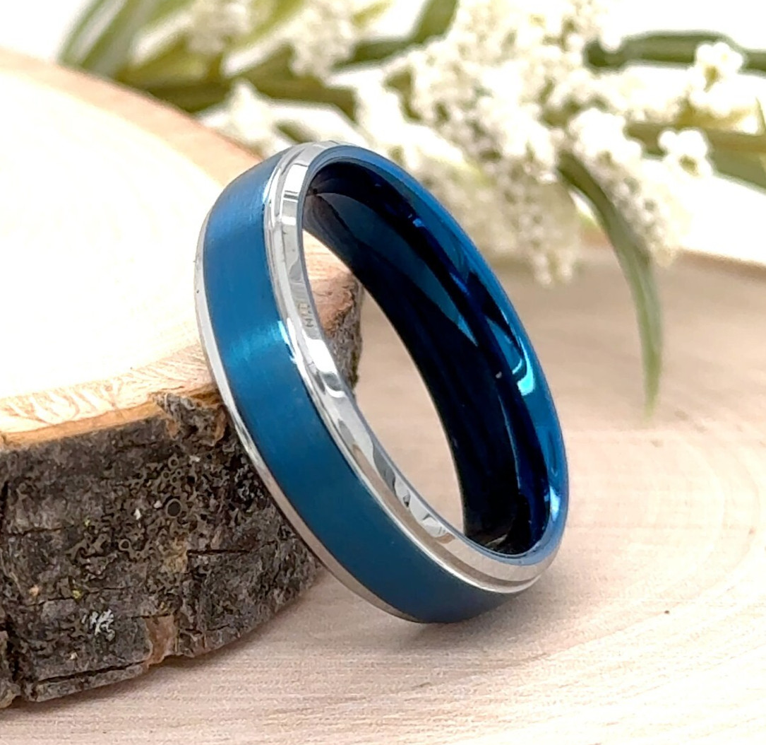 Matt Finish Stepped Edge Band 6mm Blue & Silver Tungsten Ring For Christmas Gift