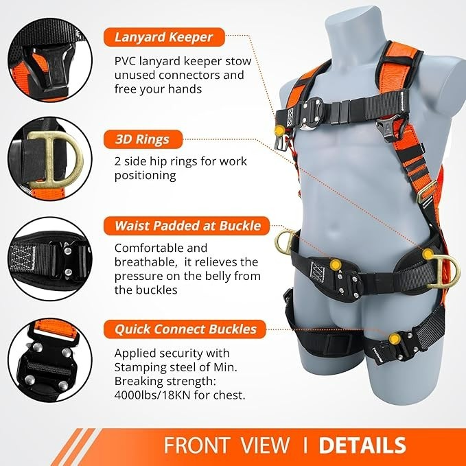 Safety Harness Fall Protection - Roofing Harness Kit Men Full Body Construction