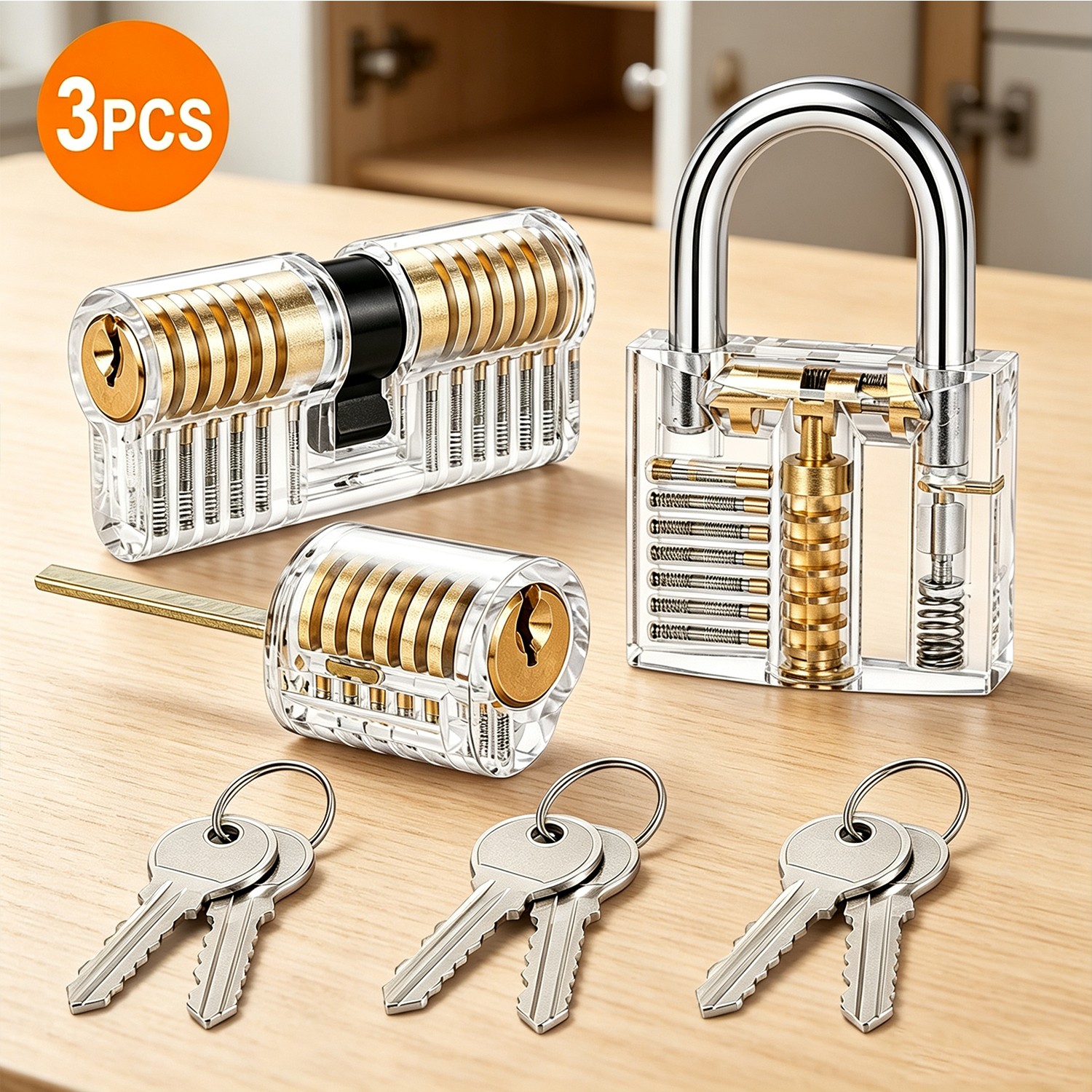 3PC Acrylic Clear Practice Lock Transparent Cutaway Pin Tumbler Locksmith Tool