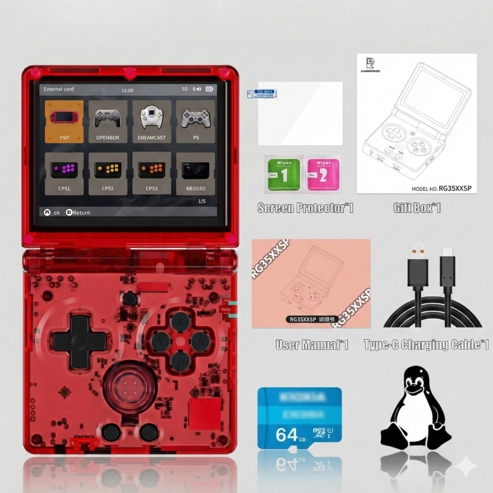 Anbernic RG35XXSP flip handheld console 64 GB Linux 3.5" IPS WiFi HDMI red DE