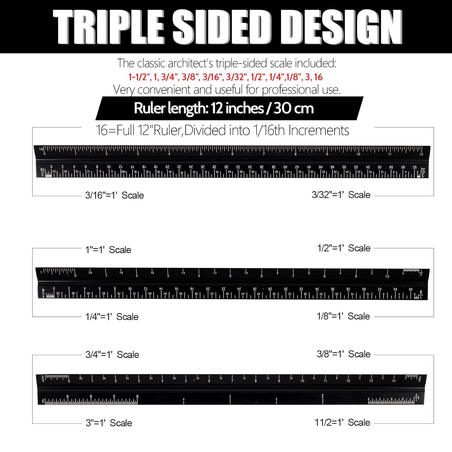 12" Architectural Scale Ruler, Aluminum Scale, Triangular Ruler, Scale Ruler for