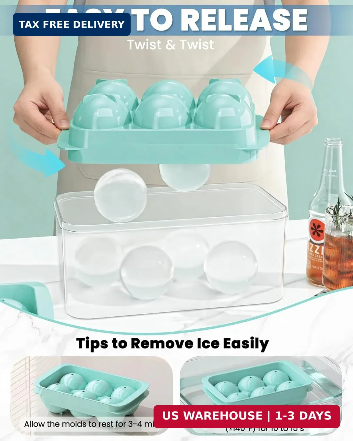 Large Ice Cube Tray for Freezer - 2 Pack Stackable Round Ice Cube Molds Set, Eas