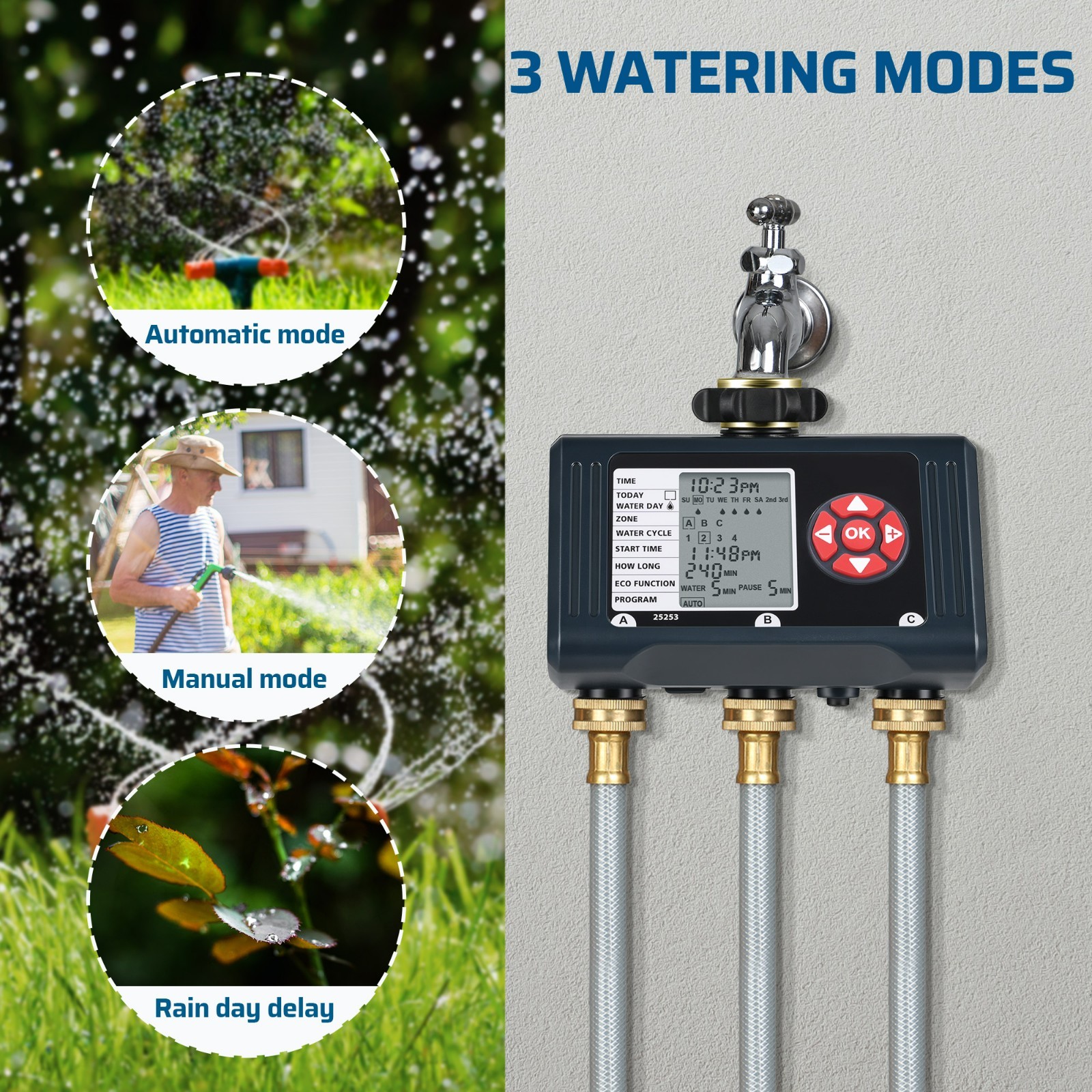 DEWENWILS 3 Zone Sprinkler Timer 12 Programs Water Timer Leakproof Outdoor