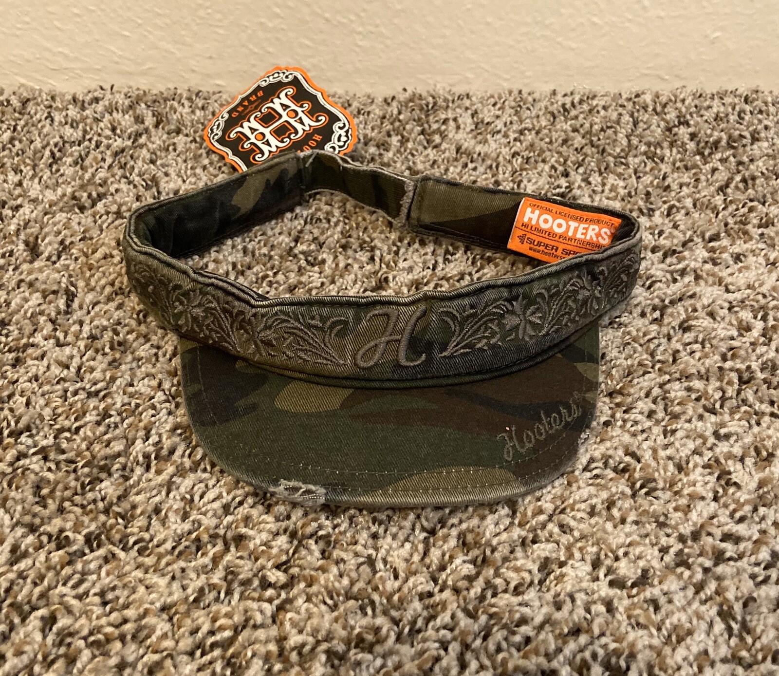 Hooters Womens Visor Hat Cap Green Camouflage Embroidered Flower Spell Out