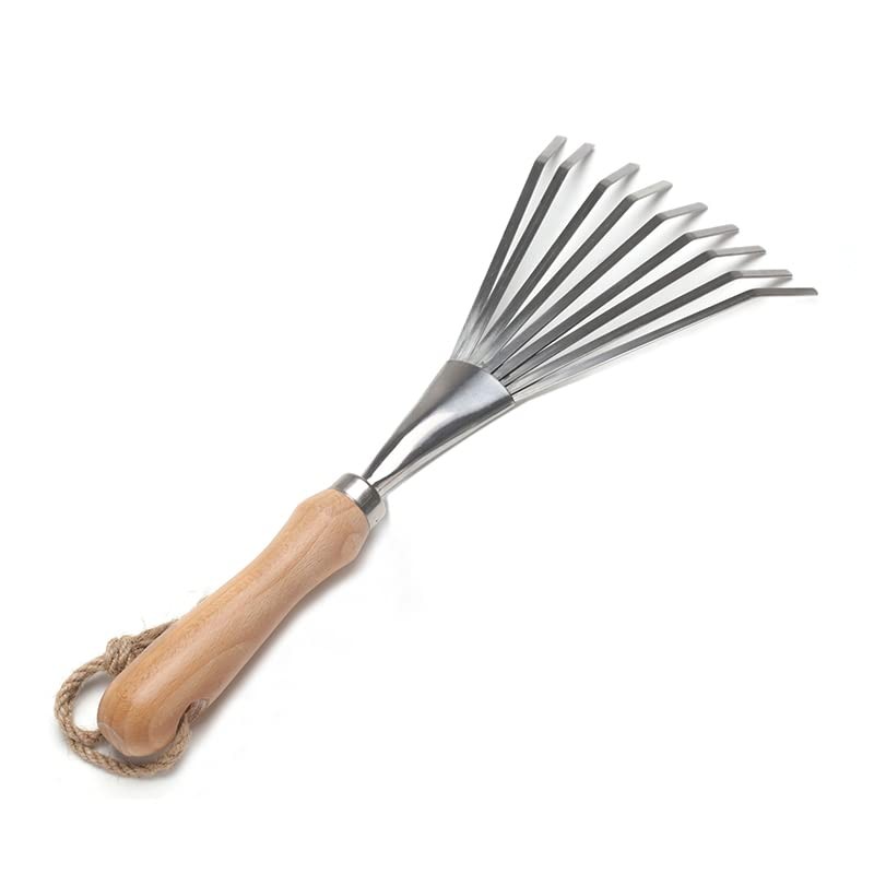 9 Tines Fan Lawn Leaf Hand Rakes Stainless Steel Beech Handle Soil Tille Gard...