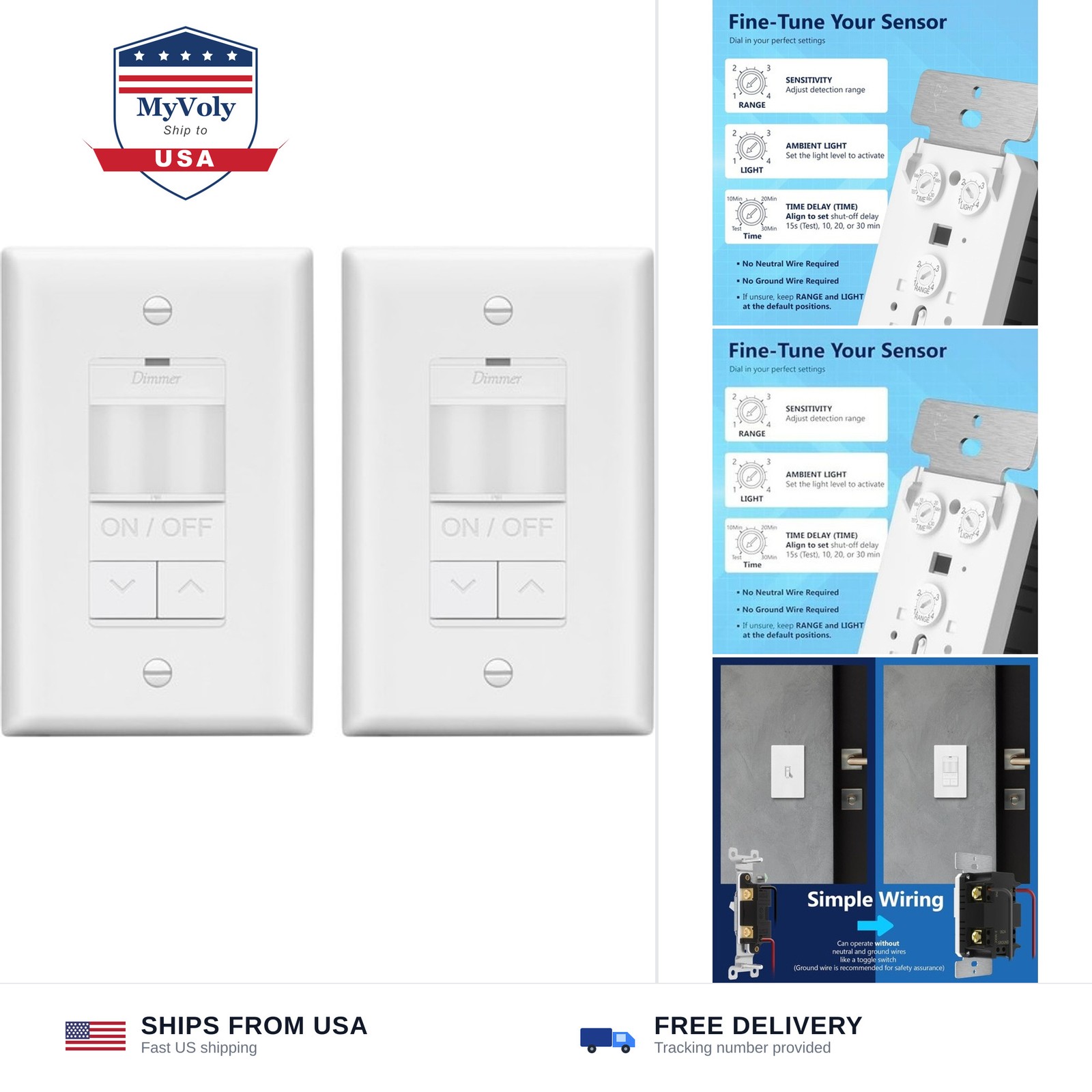 LIDER Motion Sensor Dimmer Switch, 200W, LED/CFL, 3-Way, UL Listed, 2-Pack | ...