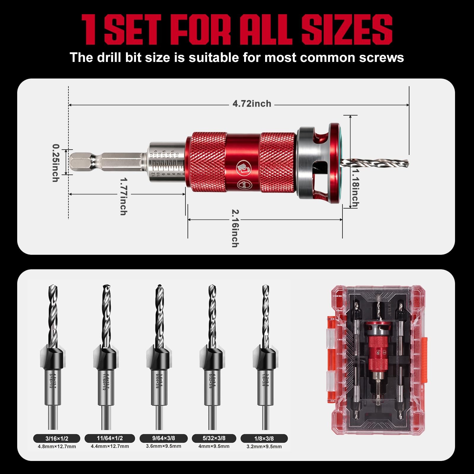 5 Pcs Countersink Drill Bit Set with Aluminum Alloy Depth Stop,Semi-Automatic...