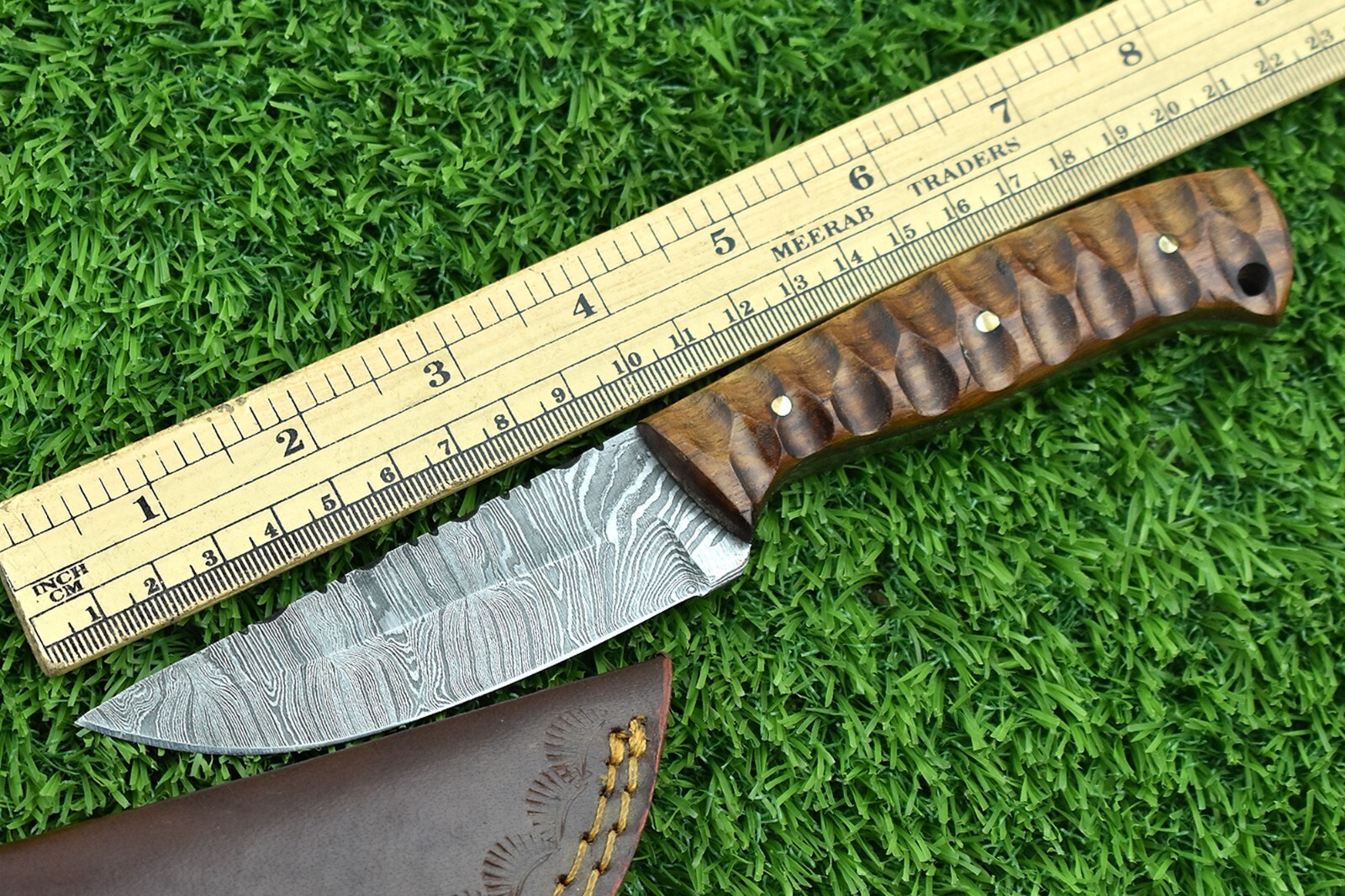Damascus steel forged handle scale skinning knife with Leather sheath -3933