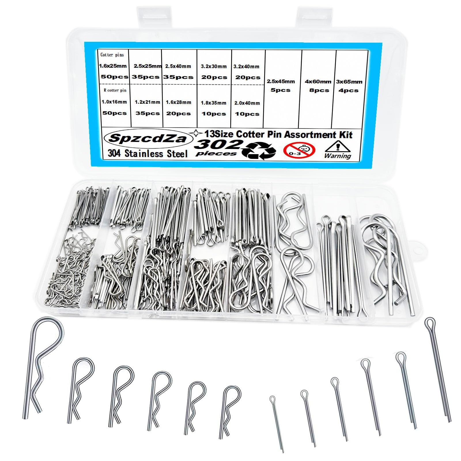 Cotter Pin Assortment Kit,302pcs 13 Size Cotter Pins Assortment Kit 304 Stain...