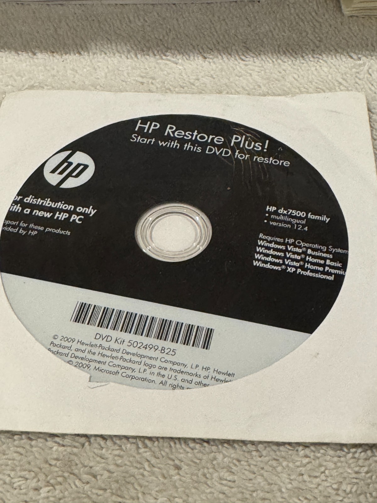 HP Restore Plus! HP dx7500 Win Vista Business Vista HB Vista HP XP Pro - CD ONLY