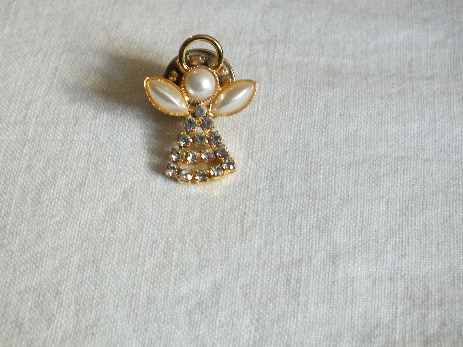 Angel Brooch Pin Gold Faux Pearl Clear Rhinestone Dangle Articulating Body WOW
