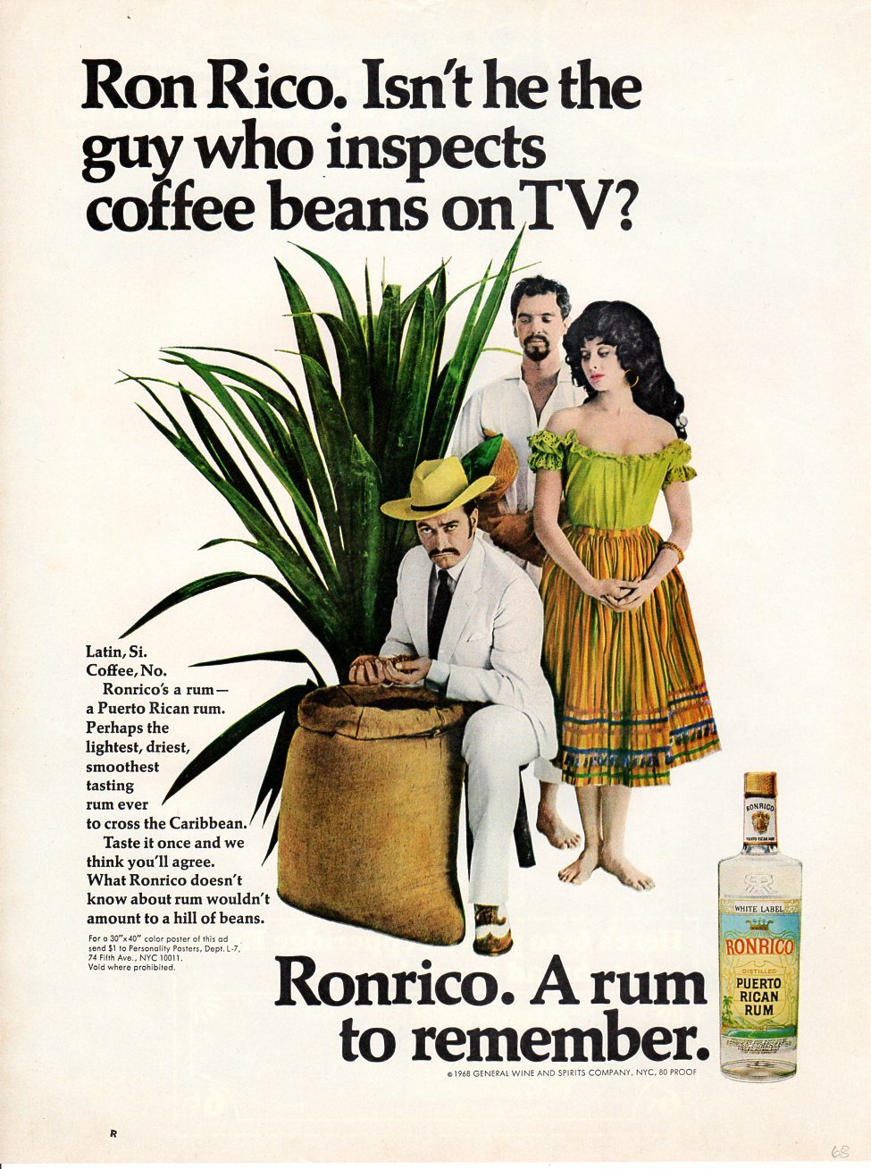 Vintage advertising print Alcohol Ronrico Rum Inspects Coffee Beans on TV 1968