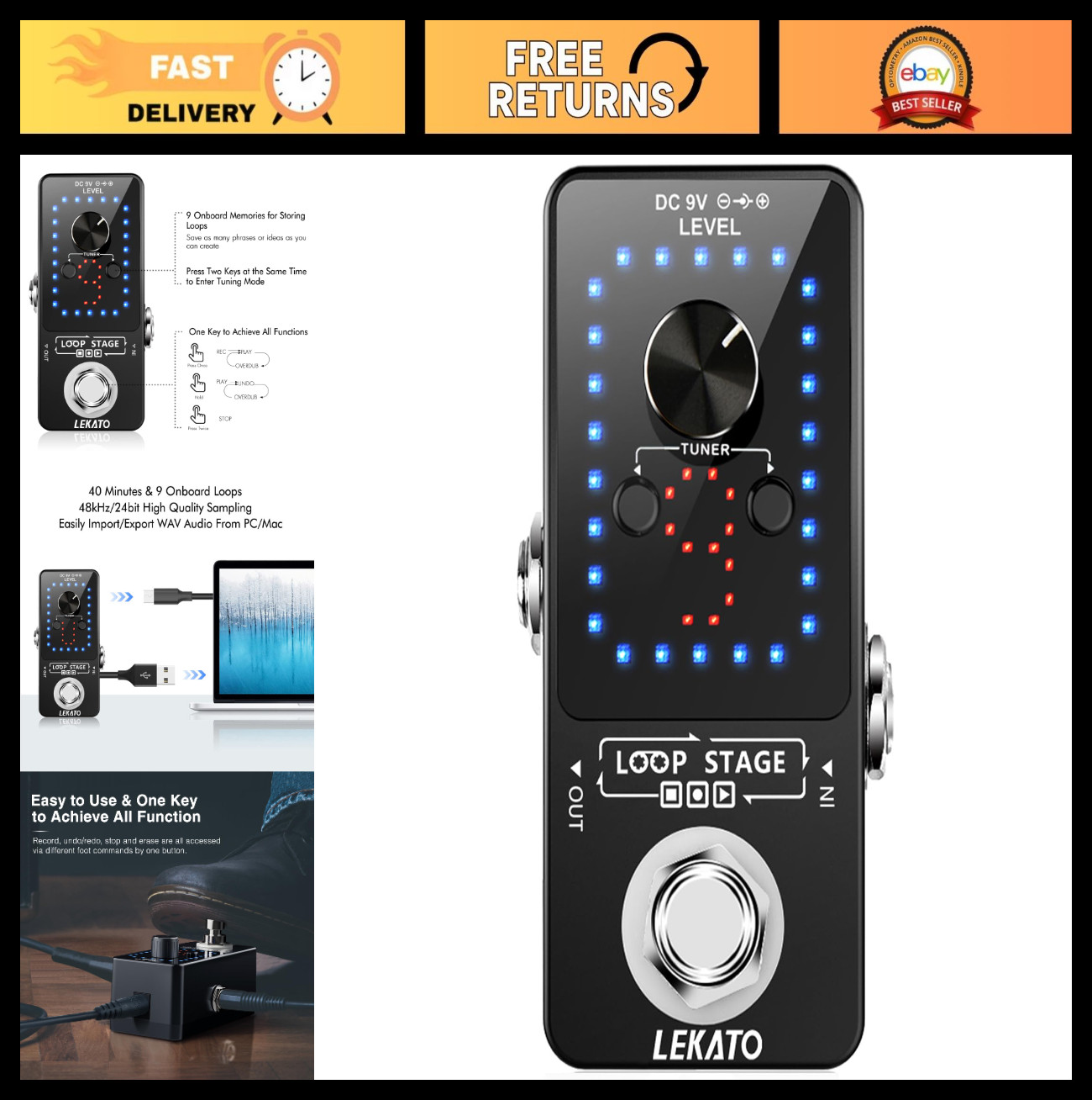 Guitar Loop Pedal with Tuner - 9 Loops, 40 Min Record Time, Unlimited Overdubs