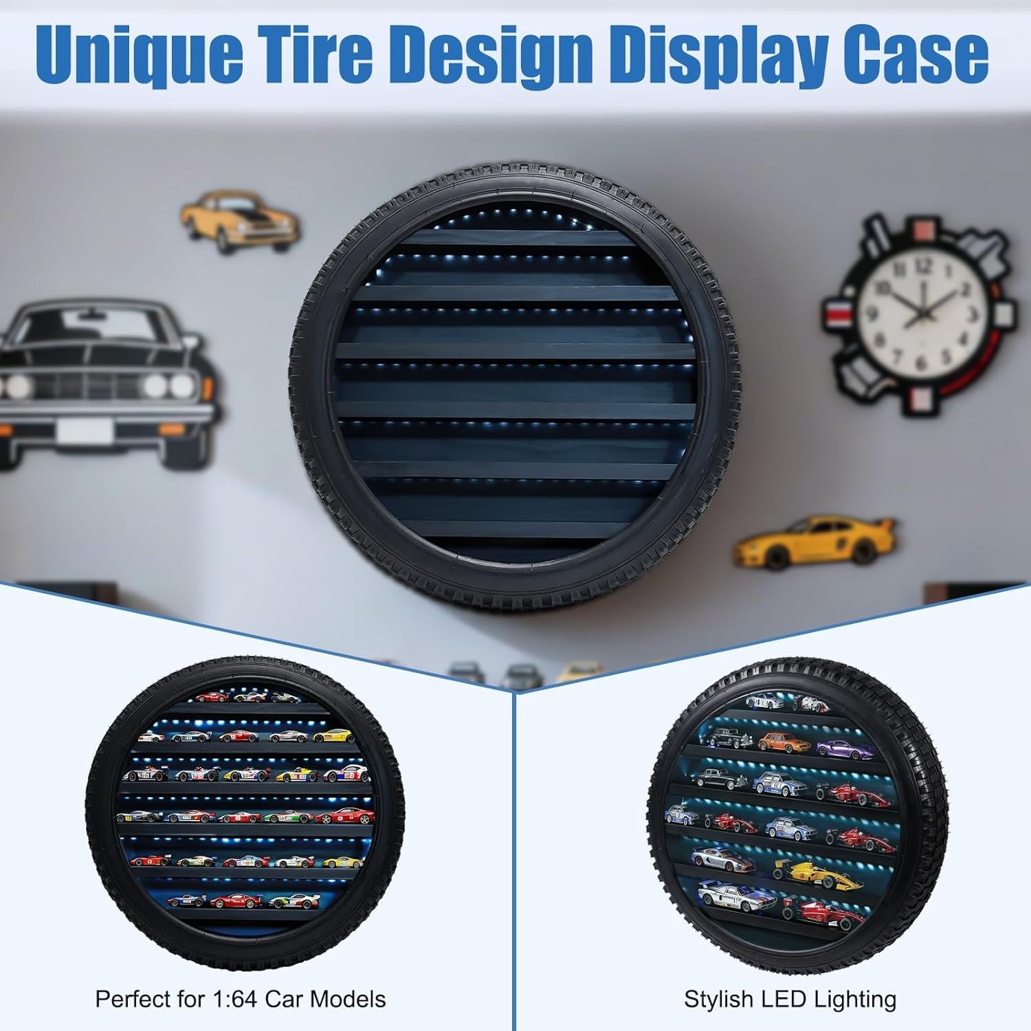Car Display Case Tire LED Light Matchbox Hot 1/64 Model Diecast Wheels Cabinet