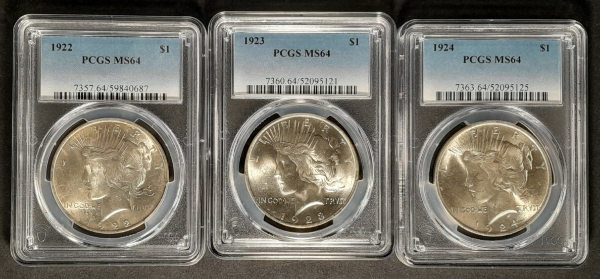 1922 1923 & 1924 PCGS Certified Grade MS64 - 90% Silver - Three Peace Dollar Set
