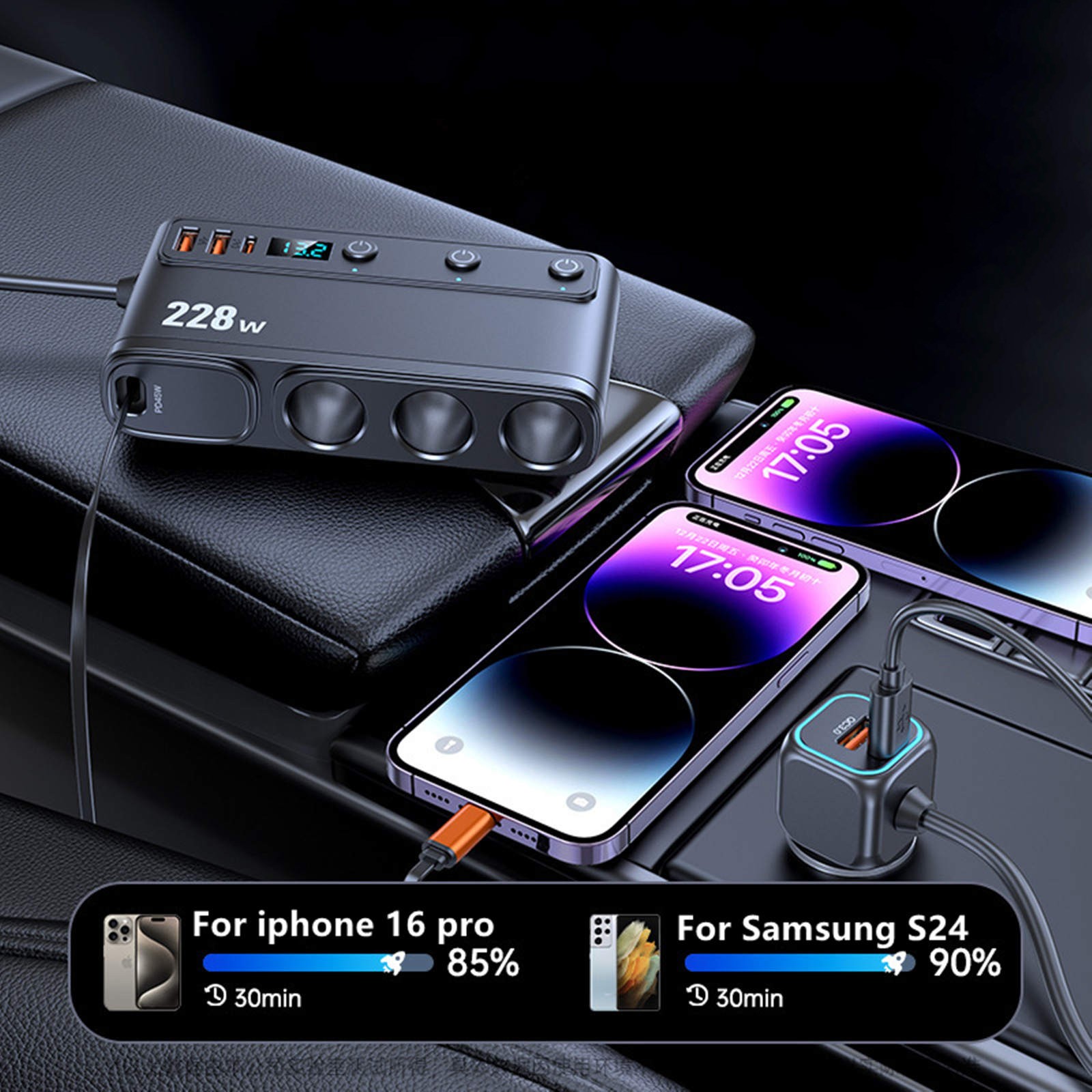 For Truck 9-in-1 Cigarette Lighter Charger 3 Sockets 6 USB Ports 228W Display