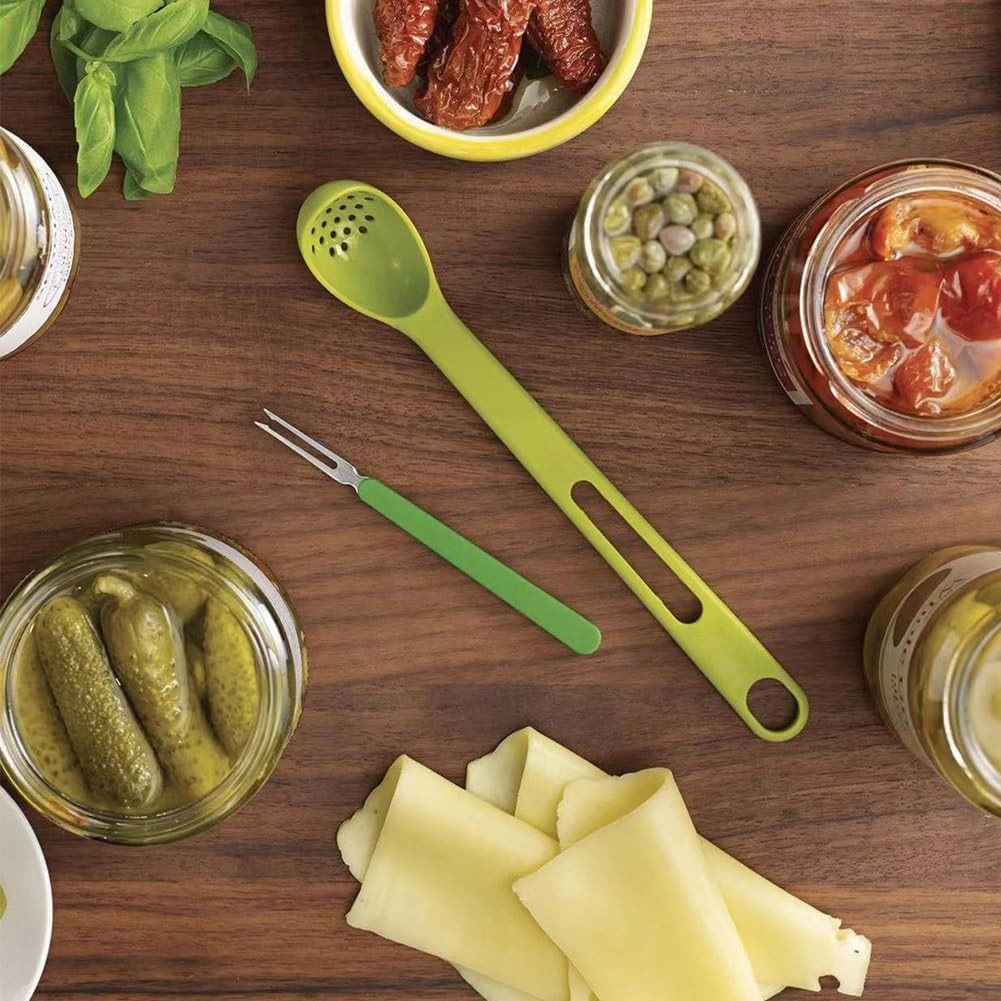 2 In 1 Olive Spoon and Pickle Fork Set Long Handle Jar Grabber Kitchen Tool