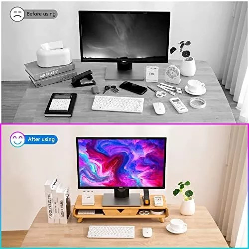 Homerays Bamboo Monitor Stand Riser, No Assembly Required, Ergonomic Bamboo Wood