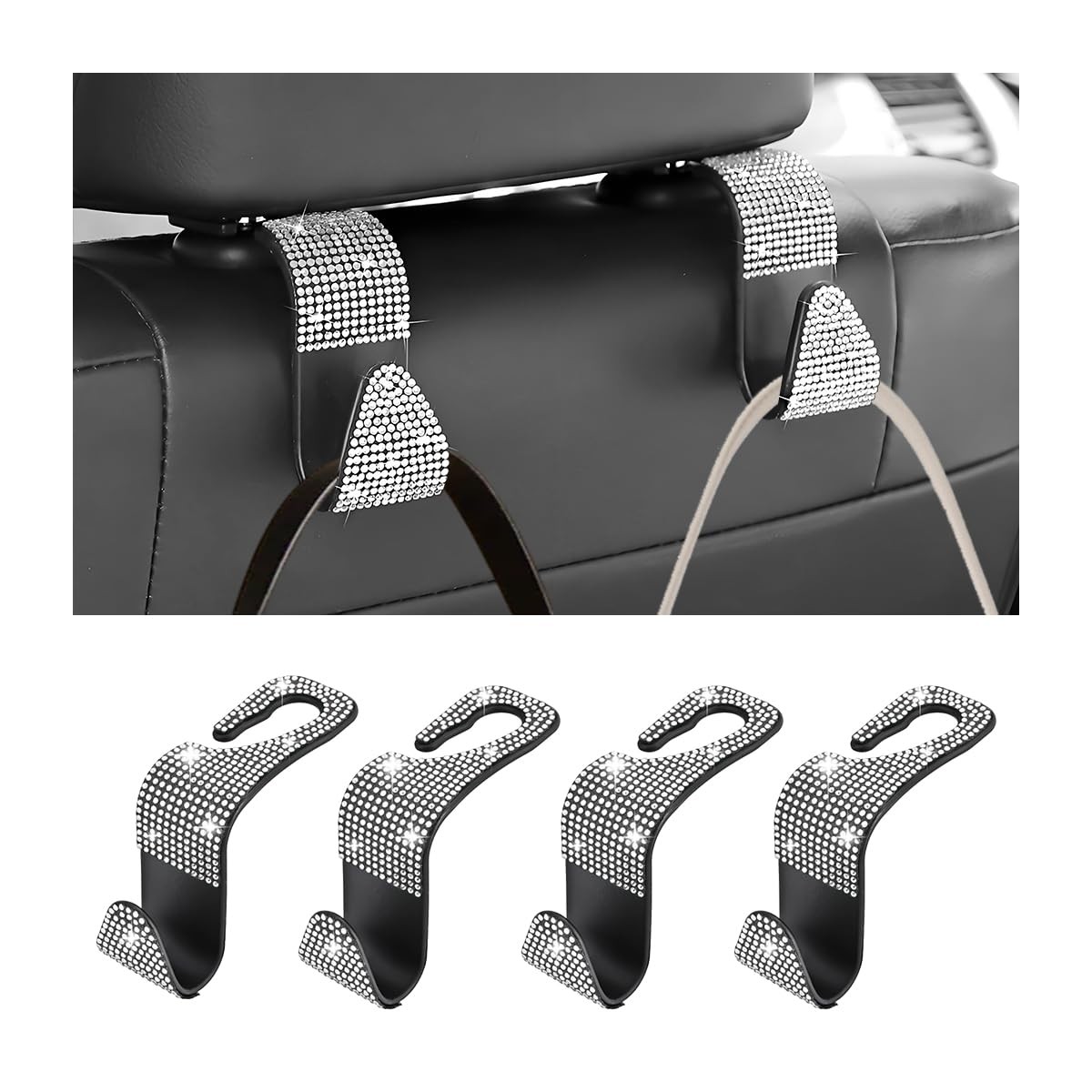 Ywdiml Bling Car Seat Headrest Hooks, 4PCS Crystal Rhinestone Vehicle White