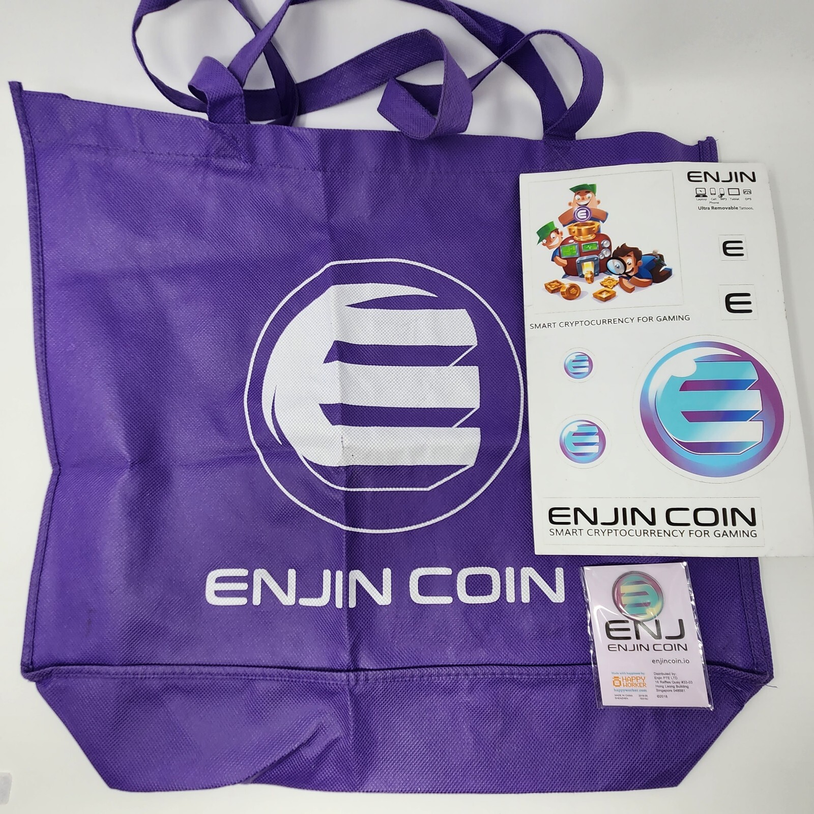 Enjin Coin Tote Bag, Pin and Stickers from E3 2019 Swag Gaming Cryptocurrency