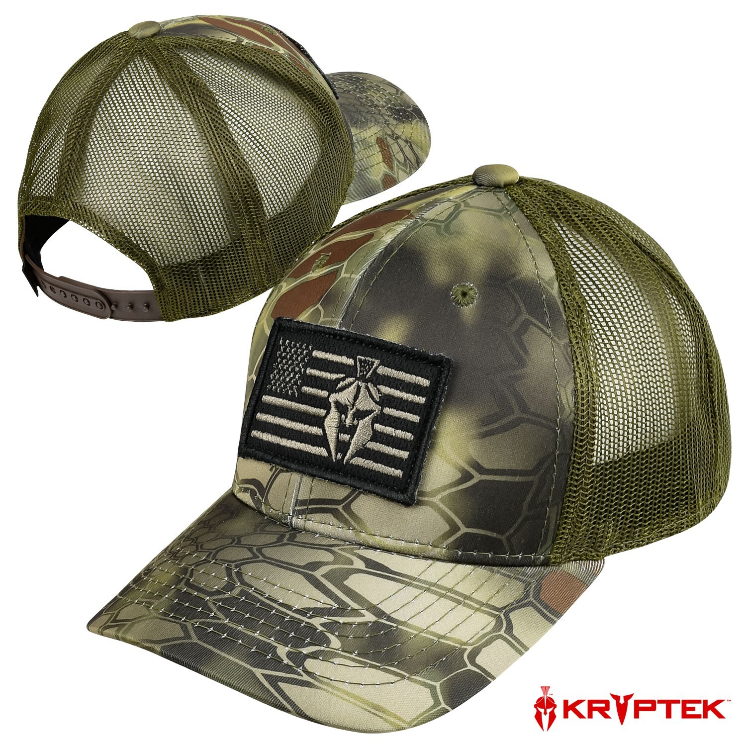 Kryptek Spartan/USA Flag Meshback Cap- Kryptek Mandrake