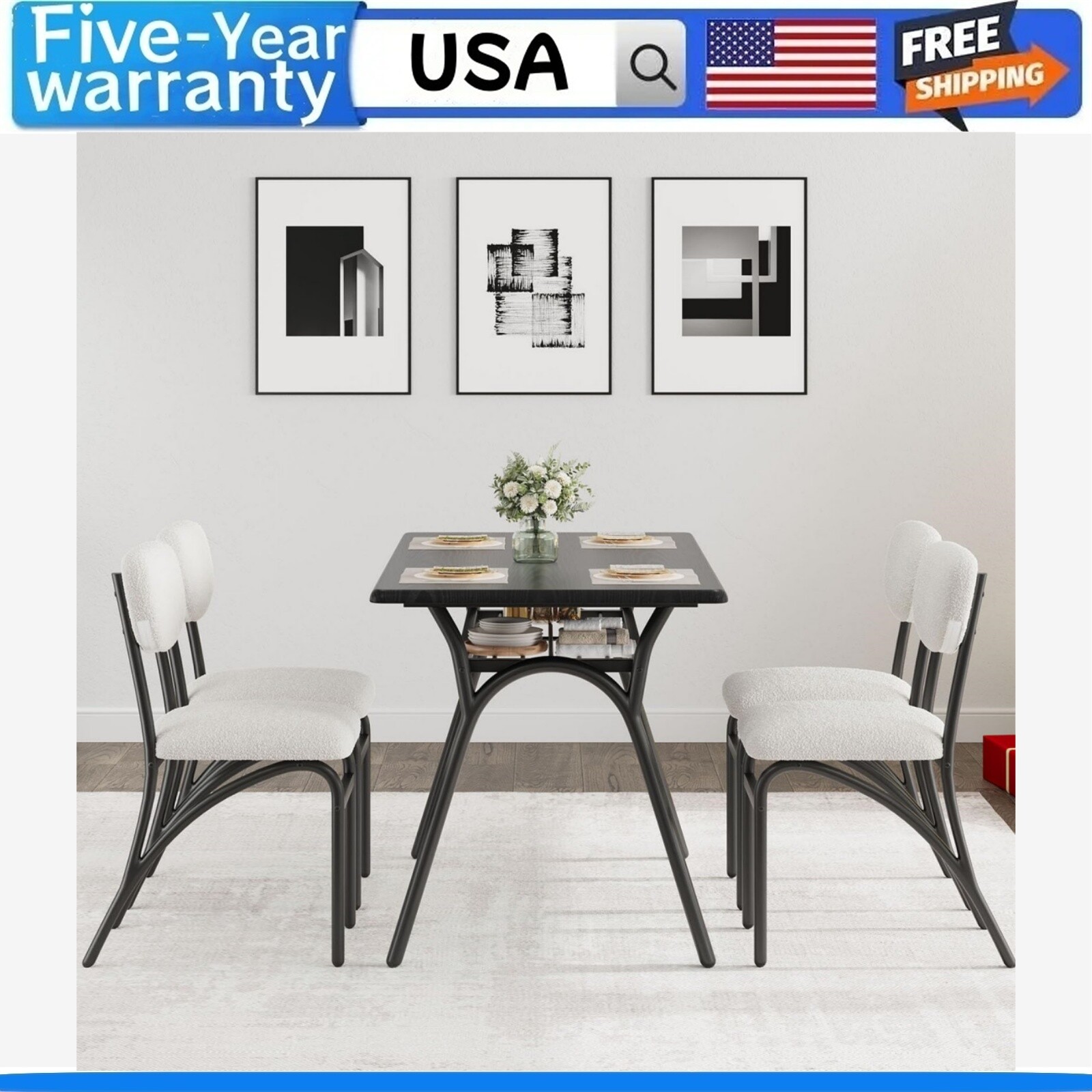 ✅Dining Table Set for 4 Kitchen Table with Boucle Chairs for 4 Modern Rectangula