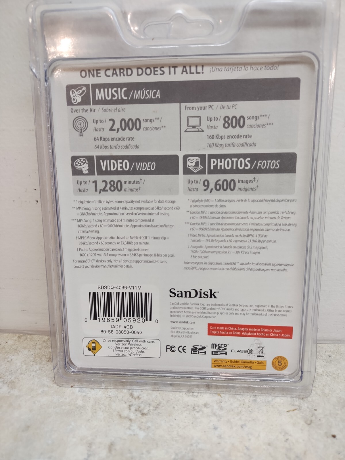 SanDisk Micro SDHC Card With Adapter 4GB Verizon Wireless New
