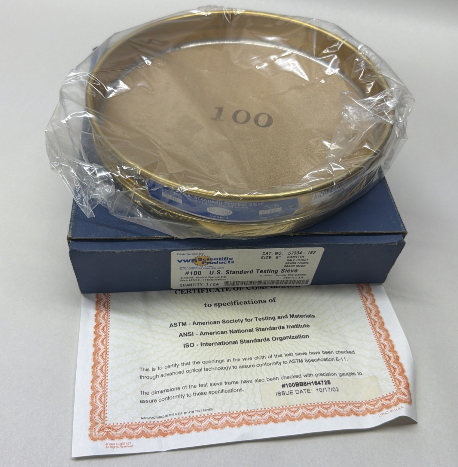 NEW VWR SCIENTIFIC #100 .150mm 8” Brass 0.0059" USA Standard Testing Sieve 150µm