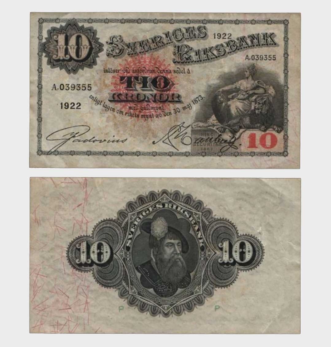 Sweden - 1922 - 10 Kronor - "VF-"  HOLE -  #CO8129