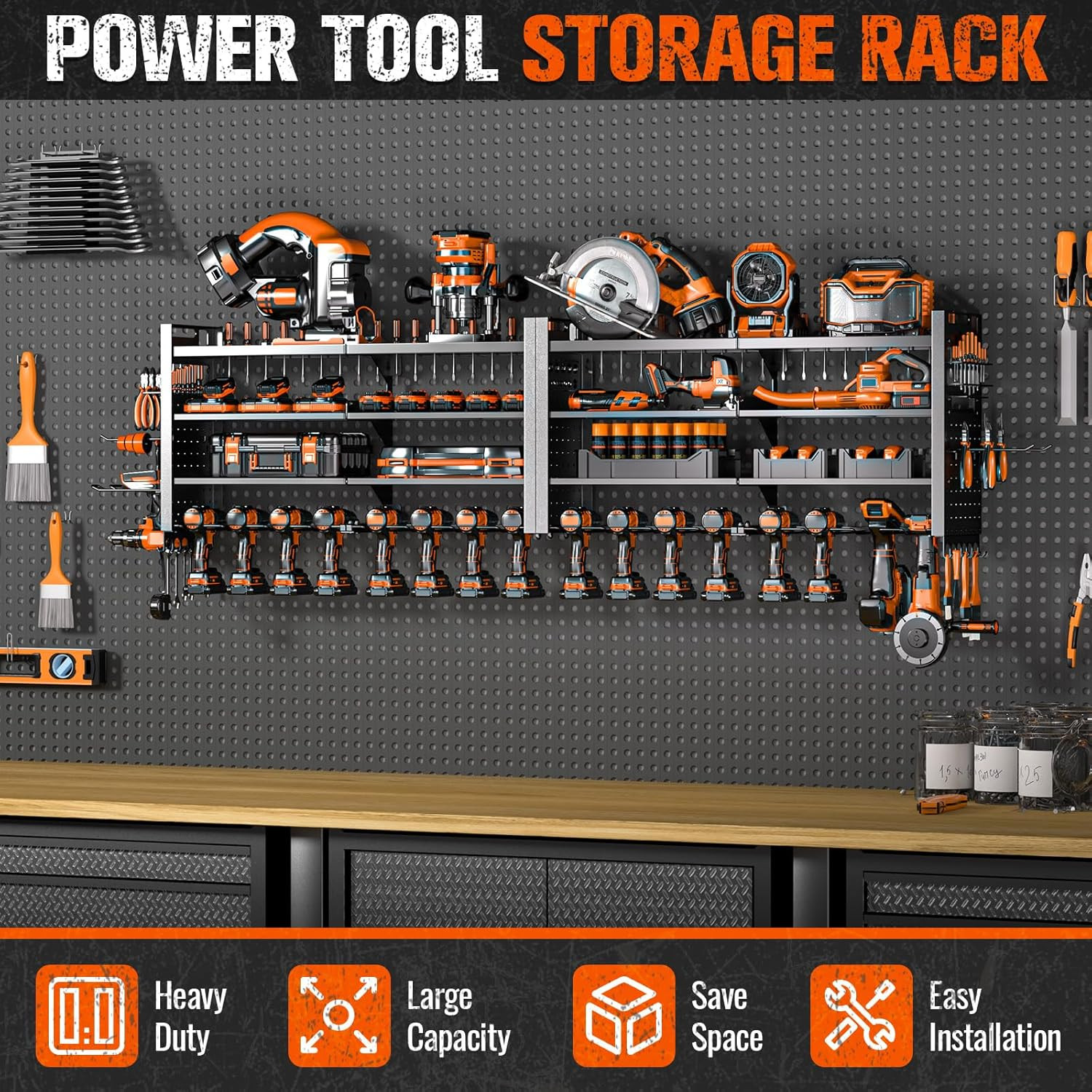 Super Large 66" Wall-Mount Tool Organizer with 18 Drill Holders, 600 Lbs Capacit