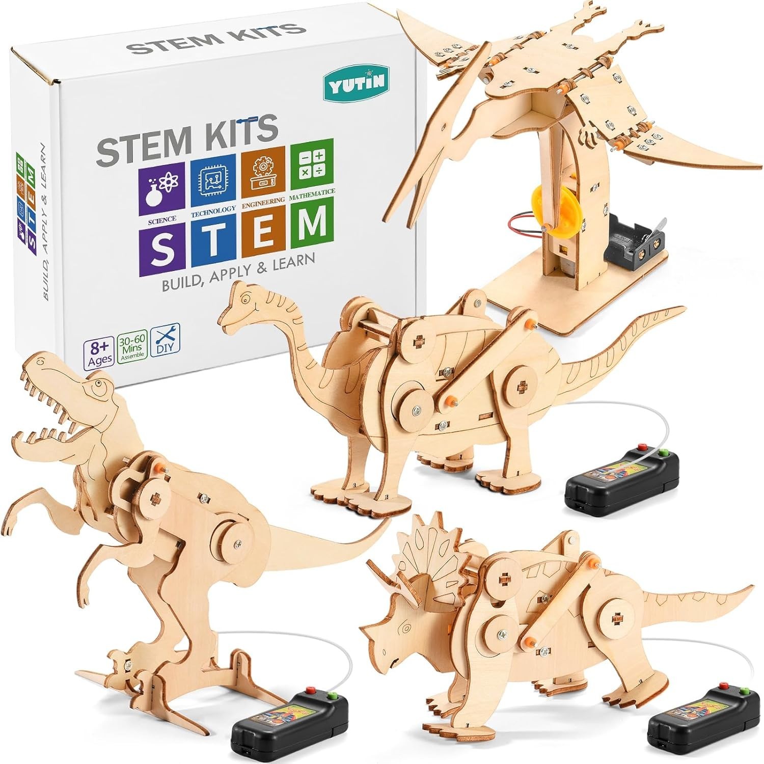 Dinosaur STEM Kits for Kids Ages 6-8-10-12, 4 in 1 Wood Building Toys for Boys A