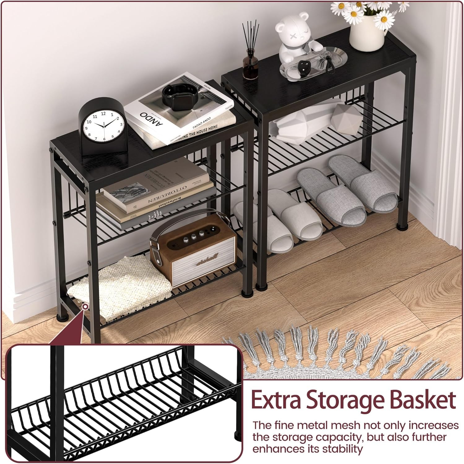 Narrow Side Table Small Space 3-Tier End Table W/ Magazine Holder Slim