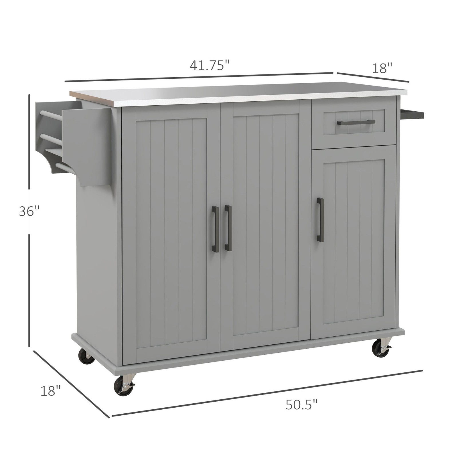 Rolling Kitchen Cart with Stainless Steel Top - Storage Drawer, Adjustable