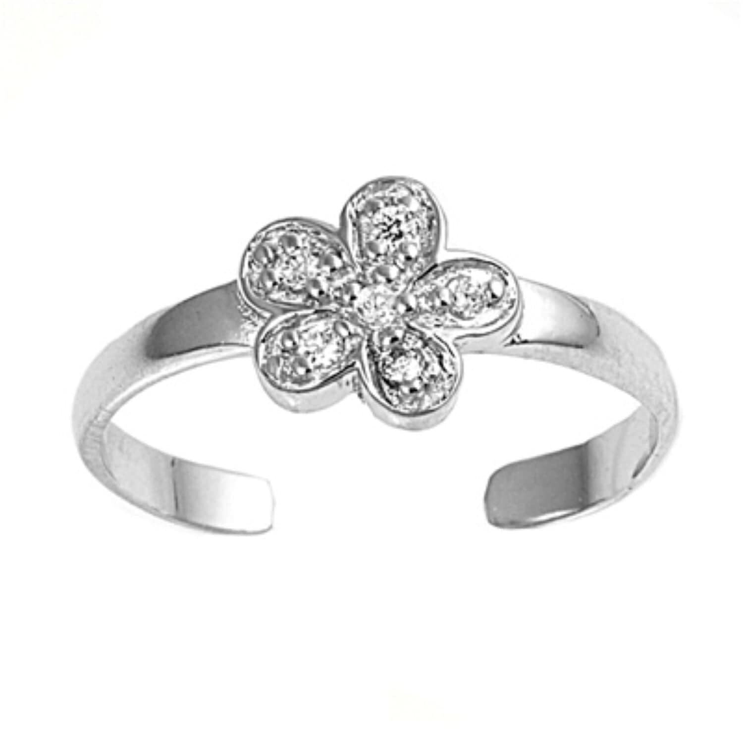 Plumeria Flower CZ Toe Ring - .925 Stirling Silver Rhodium Plating - Adjustable