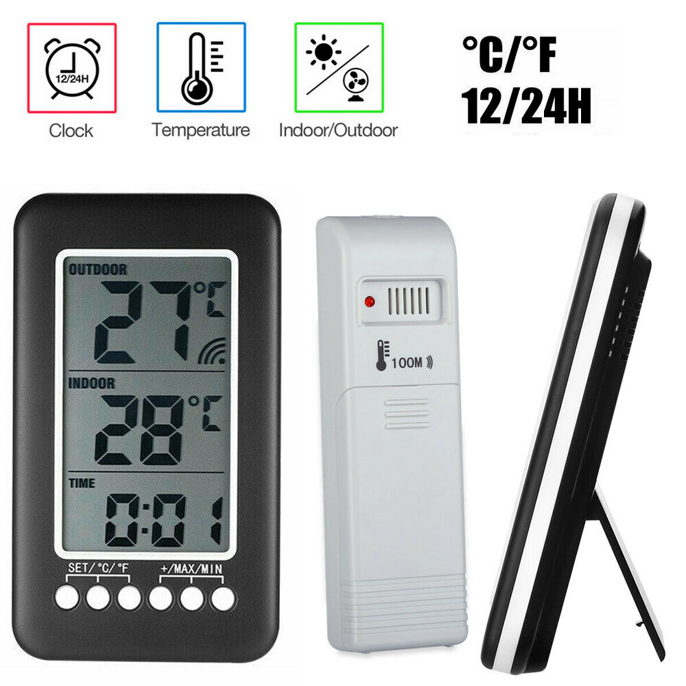 Indoor/Outdoor LED Digital Thermometer Clock Meter Monitor Wireless Transmitter